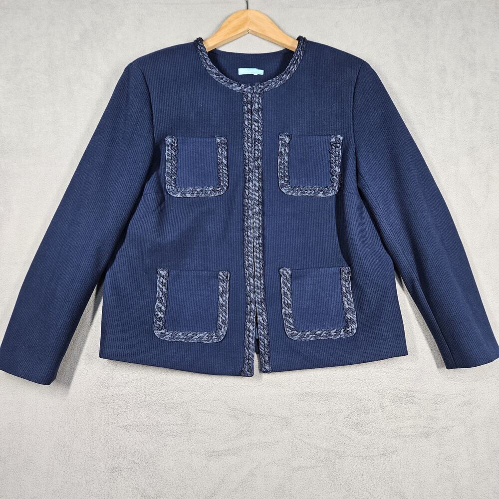 J. McLaughlin Blazer Womens Medium Blue Fanning Jacket Braided Trim Academia